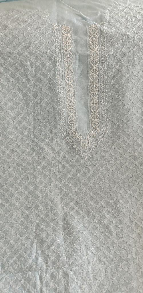 Light Blue Chanderi Silk Men's Kurta fabric with fine Chikankari