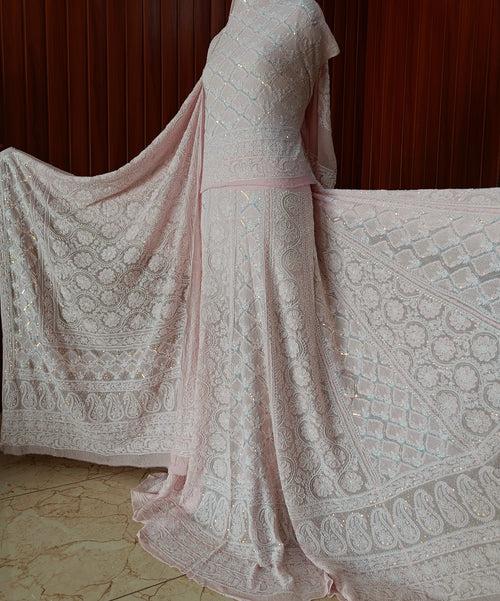 Ruhani Pink Chikankari Jaali Pearl Cut Dana Sequins Wedding Lehenga