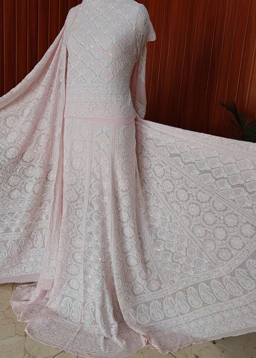 Ruhani Pink Chikankari Jaali Pearl Cut Dana Sequins Wedding Lehenga
