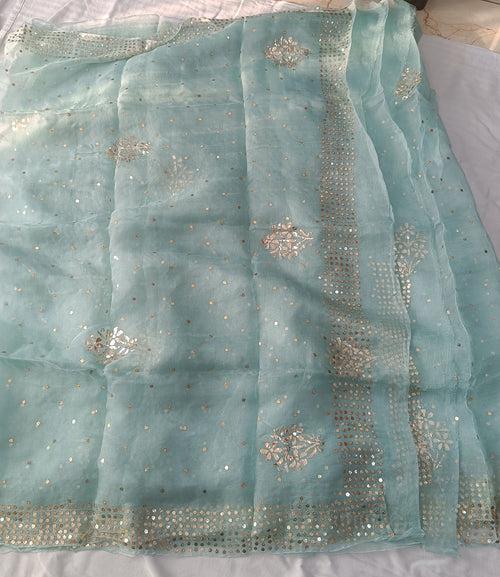 Sage Green Pure Organza Saree with Badla and Mukaish Work