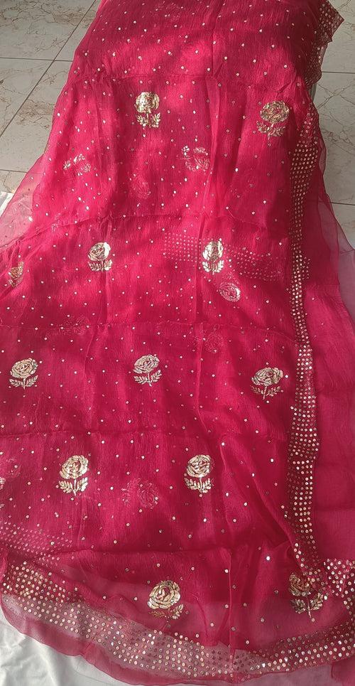 Hot Pink Pure Organza Saree with Badla and Mukaish Work