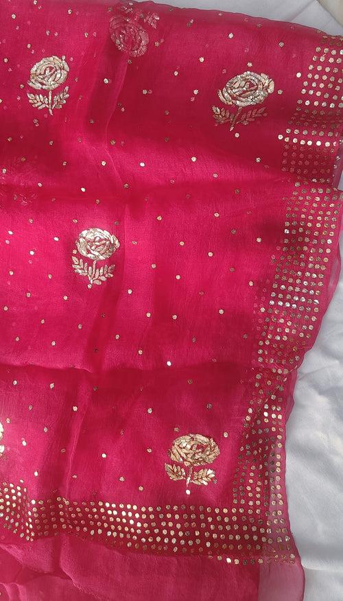 Hot Pink Pure Organza Saree with Badla and Mukaish Work