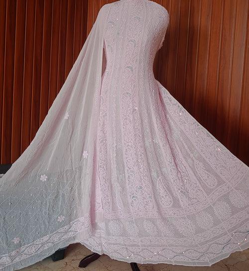 Baby Pink Chikankari Pearl Cut Dana Sequins Embroidered Anarkali with Dupatta