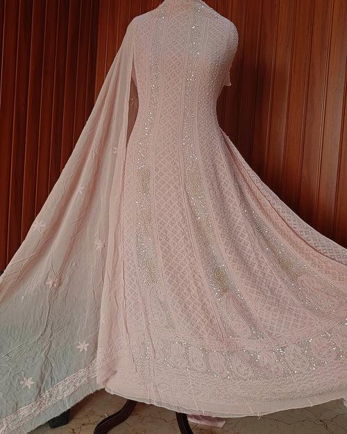 Nude peach Chikankari Pearl Cut Dana Sequins Embroidered Anarkali with Dupatta