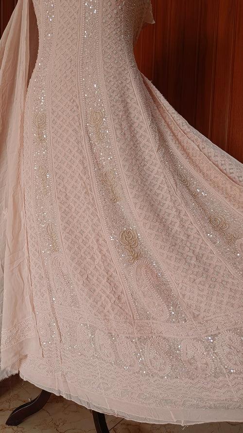 Nude peach Chikankari Pearl Cut Dana Sequins Embroidered Anarkali with Dupatta