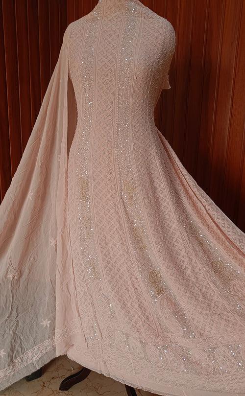 Nude peach Chikankari Pearl Cut Dana Sequins Embroidered Anarkali with Dupatta