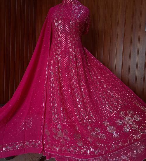 Fuschia Pink Allover Heavy Mukaish Georgette Anarkali with Dupatta