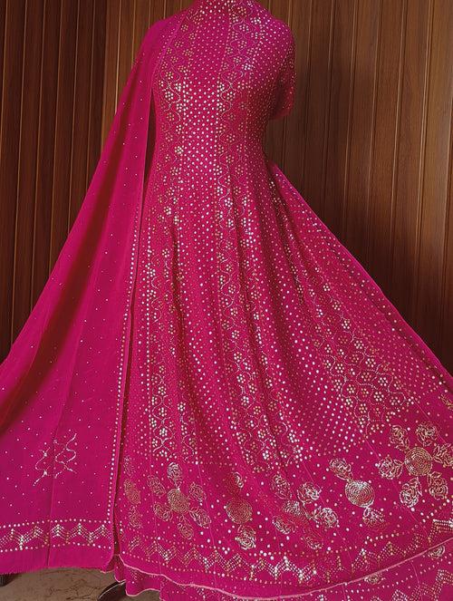 Fuschia Pink Allover Heavy Mukaish Georgette Anarkali with Dupatta