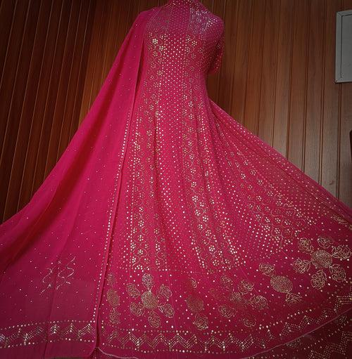 Fuschia Pink Allover Heavy Mukaish Georgette Anarkali with Dupatta