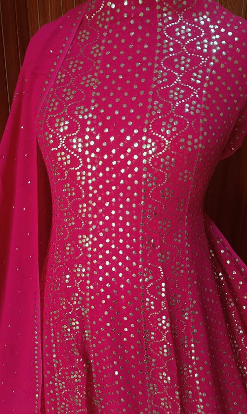 Fuschia Pink Allover Heavy Mukaish Georgette Anarkali with Dupatta