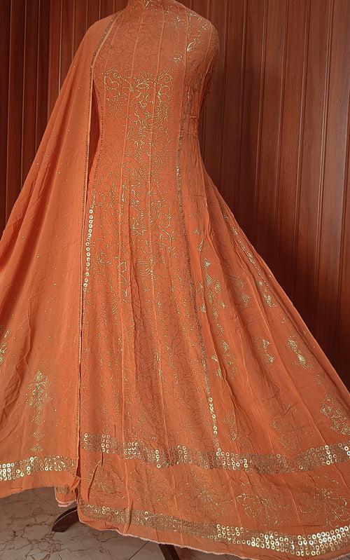 Rust Orange Allover Heavy Mukaish Georgette Anarkali with Dupatta