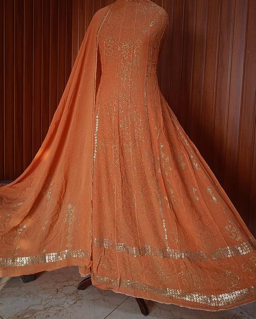 Rust Orange Allover Heavy Mukaish Georgette Anarkali with Dupatta