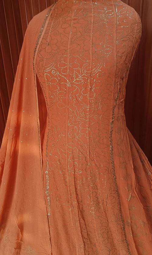 Rust Orange Allover Heavy Mukaish Georgette Anarkali with Dupatta