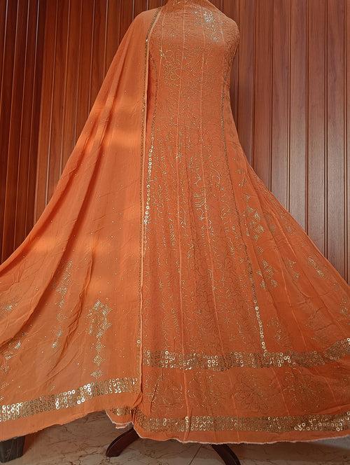 Rust Orange Allover Heavy Mukaish Georgette Anarkali with Dupatta