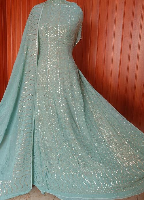 Ocean Blue Allover Heavy Mukaish Georgette Anarkali with Dupatta