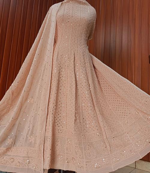 Dusty Nude Allover Chikankari and Heavy Mukaish Anarkali with Dupatta