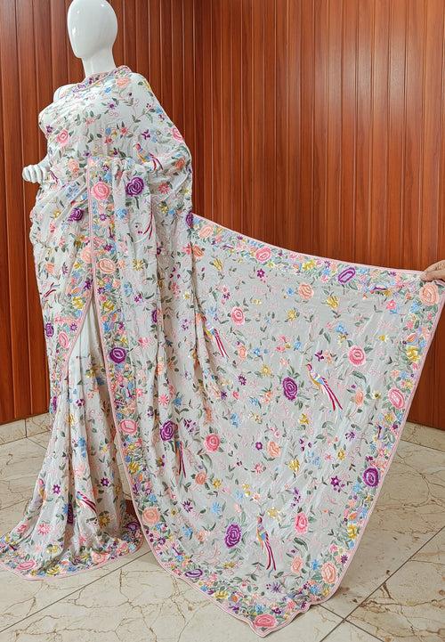 Cream Masterpiece Parsi Gara Pure Crepe Saree