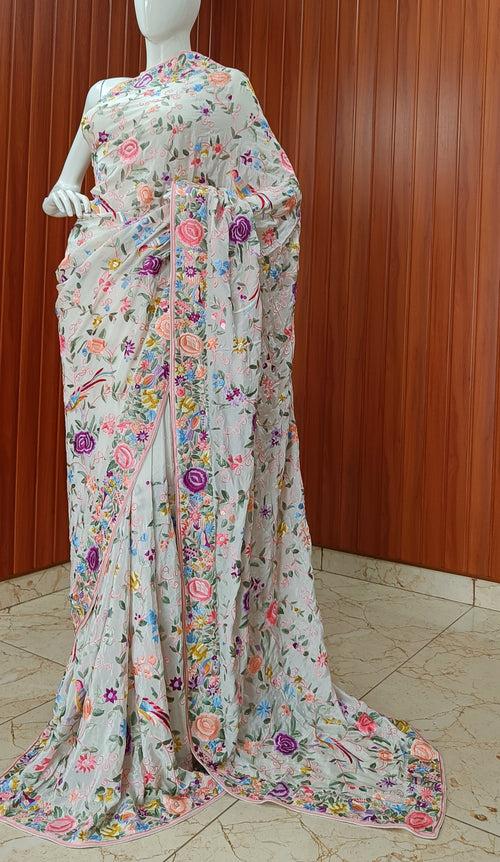 Cream Masterpiece Parsi Gara Pure Crepe Saree