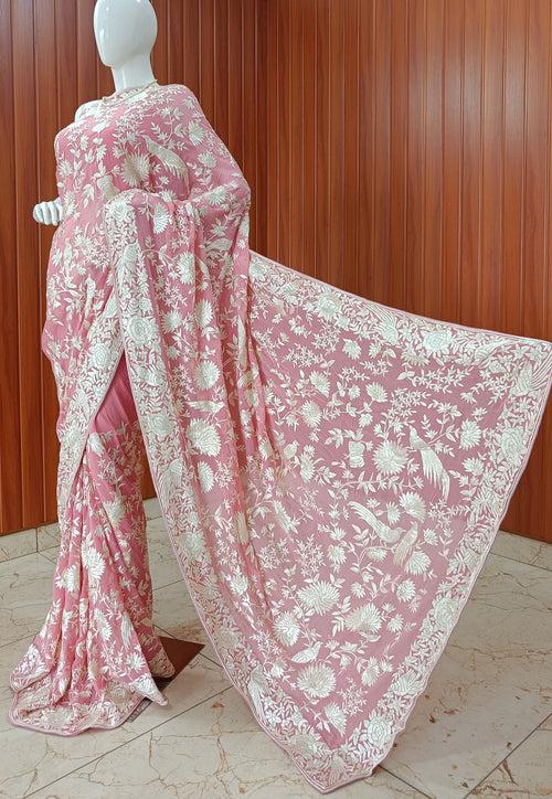 Blush Pink Masterpiece Parsi Gara Hand Embroidered Saree