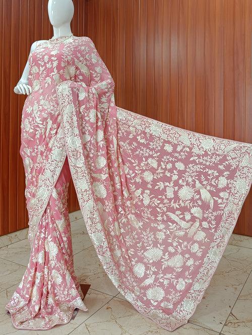 Blush Pink Masterpiece Parsi Gara Hand Embroidered Saree