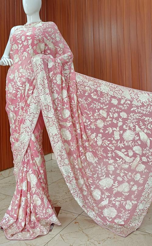 Blush Pink Masterpiece Parsi Gara Hand Embroidered Saree