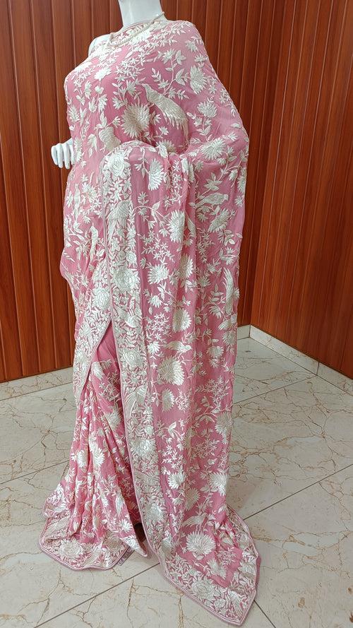 Blush Pink Masterpiece Parsi Gara Hand Embroidered Saree