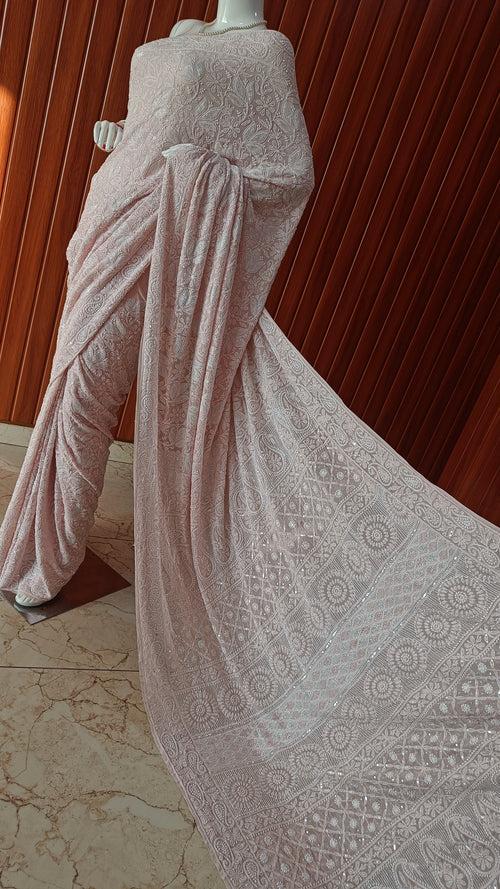 Ruhani Dusty Pink Chikankari Cut Dana and Sequins Masterpiece Saree