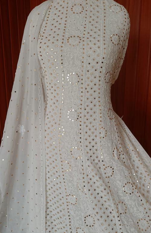 White Allover Chikankari and Heavy Mukaish Anarkali with Dupatta