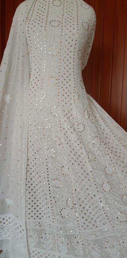 White Allover Chikankari and Heavy Mukaish Anarkali with Dupatta