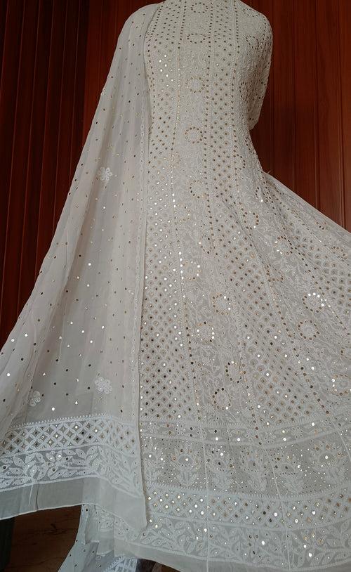 White Allover Chikankari and Heavy Mukaish Anarkali with Dupatta