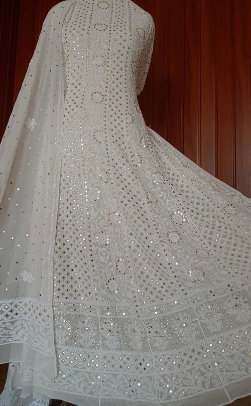 White Allover Chikankari and Heavy Mukaish Anarkali with Dupatta