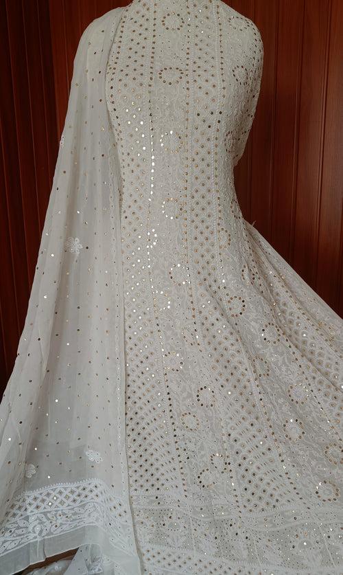 White Allover Chikankari and Heavy Mukaish Anarkali with Dupatta