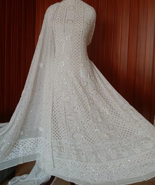 White Allover Chikankari and Heavy Mukaish Anarkali with Dupatta