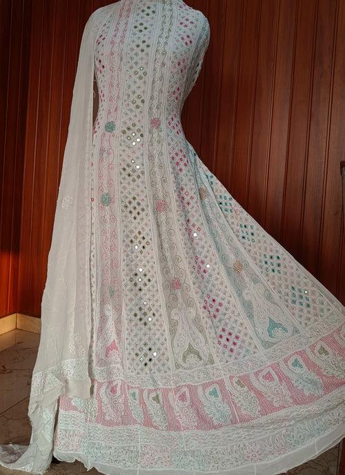 White Chikankari and Multicolored Cut Dana Mirror and Pearl Work Anarkali