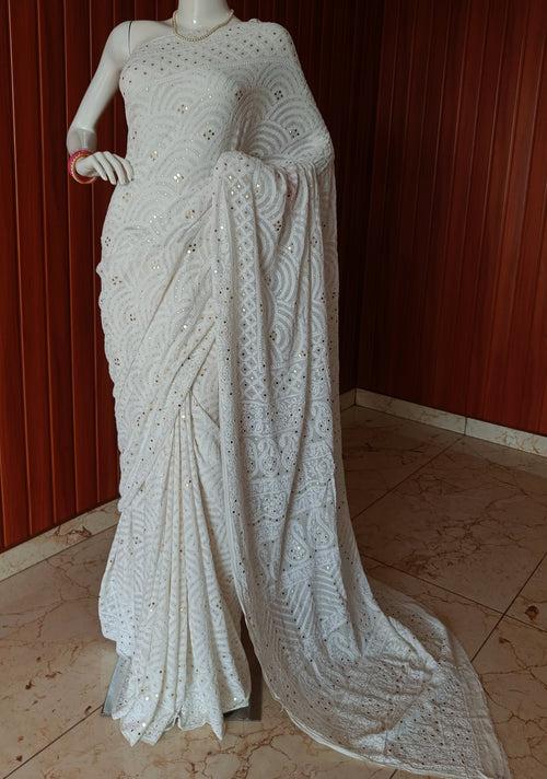 Ivory Ruhani Allover Chikankari and Mukaish Saree