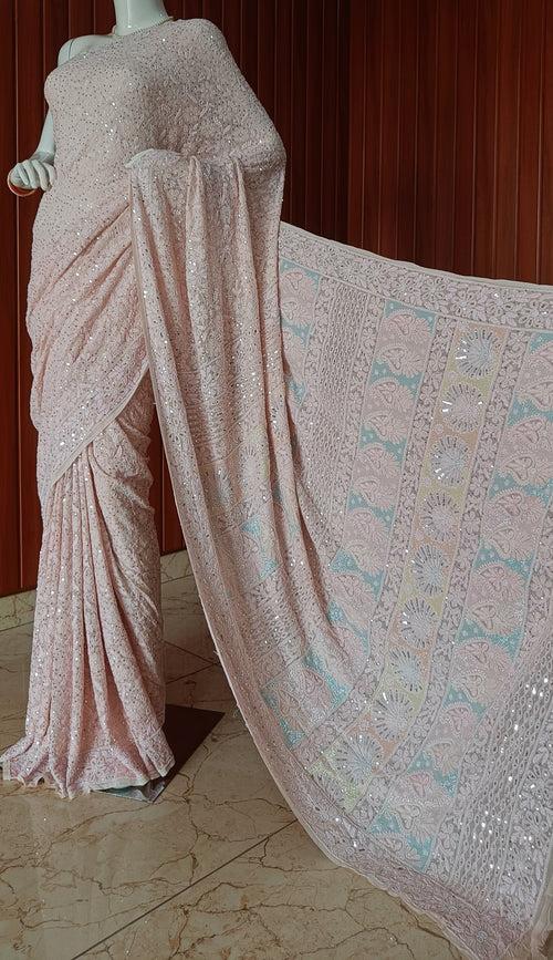 Ruhani Blush Pink 3 taar Chikankari Saree embellished with Pearl Sequins and Cut Dana