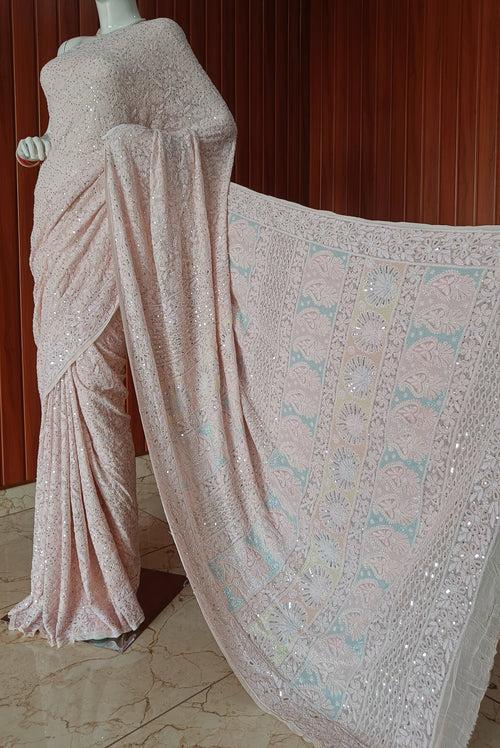 Ruhani Blush Pink 3 taar Chikankari Saree embellished with Pearl Sequins and Cut Dana