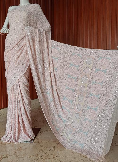 Ruhani Blush Pink 3 taar Chikankari Saree embellished with Pearl Sequins and Cut Dana