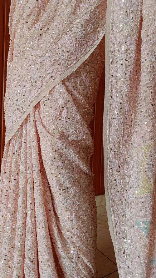 Ruhani Blush Pink 3 taar Chikankari Saree embellished with Pearl Sequins and Cut Dana