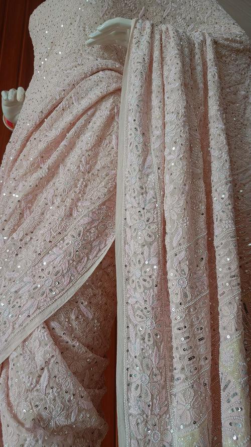 Ruhani Blush Pink 3 taar Chikankari Saree embellished with Pearl Sequins and Cut Dana