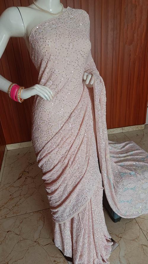 Ruhani Blush Pink 3 taar Chikankari Saree embellished with Pearl Sequins and Cut Dana