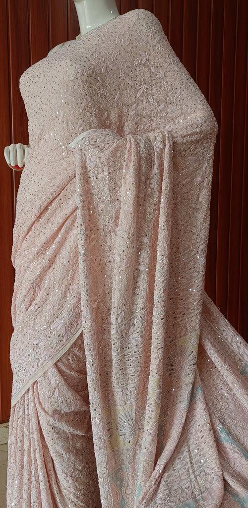 Ruhani Blush Pink 3 taar Chikankari Saree embellished with Pearl Sequins and Cut Dana