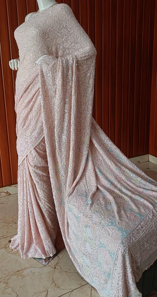 Ruhani Blush Pink 3 taar Chikankari Saree embellished with Pearl Sequins and Cut Dana