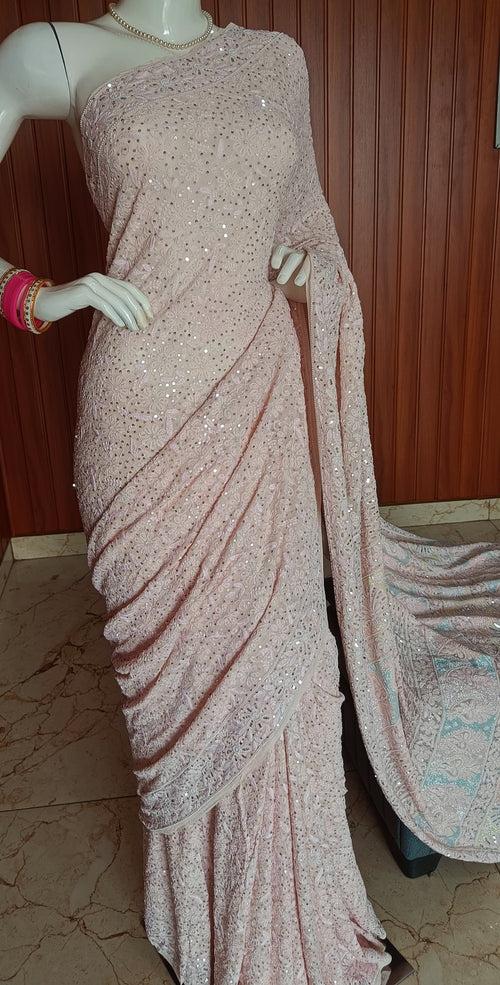 Ruhani Blush Pink 3 taar Chikankari Saree embellished with Pearl Sequins and Cut Dana