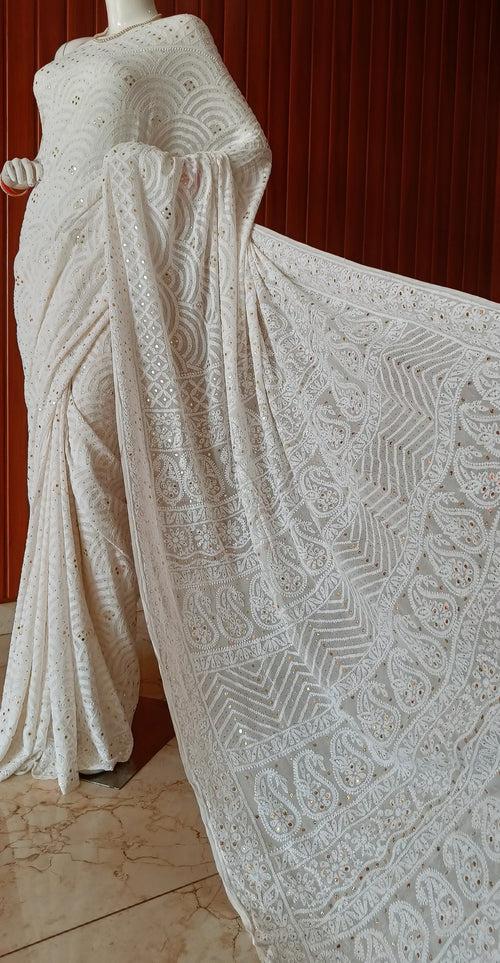 Ivory Ruhani Allover Chikankari and Mukaish Saree