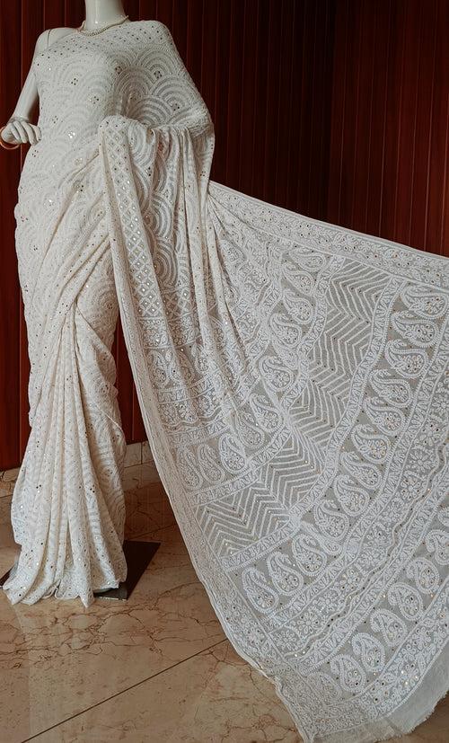 Ivory Ruhani Allover Chikankari and Mukaish Saree