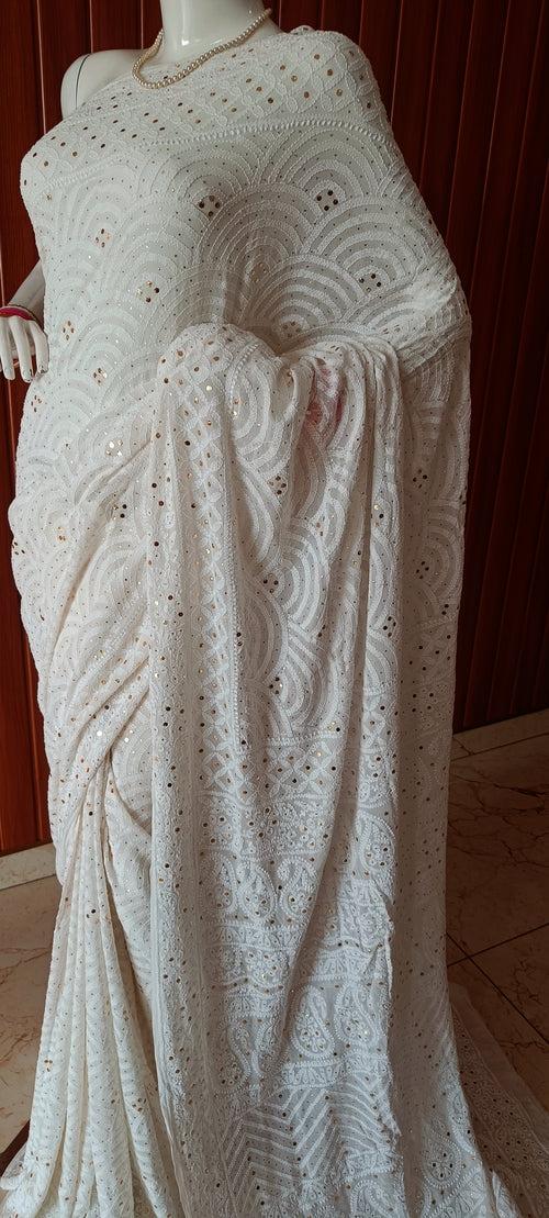 Ivory Ruhani Allover Chikankari and Mukaish Saree