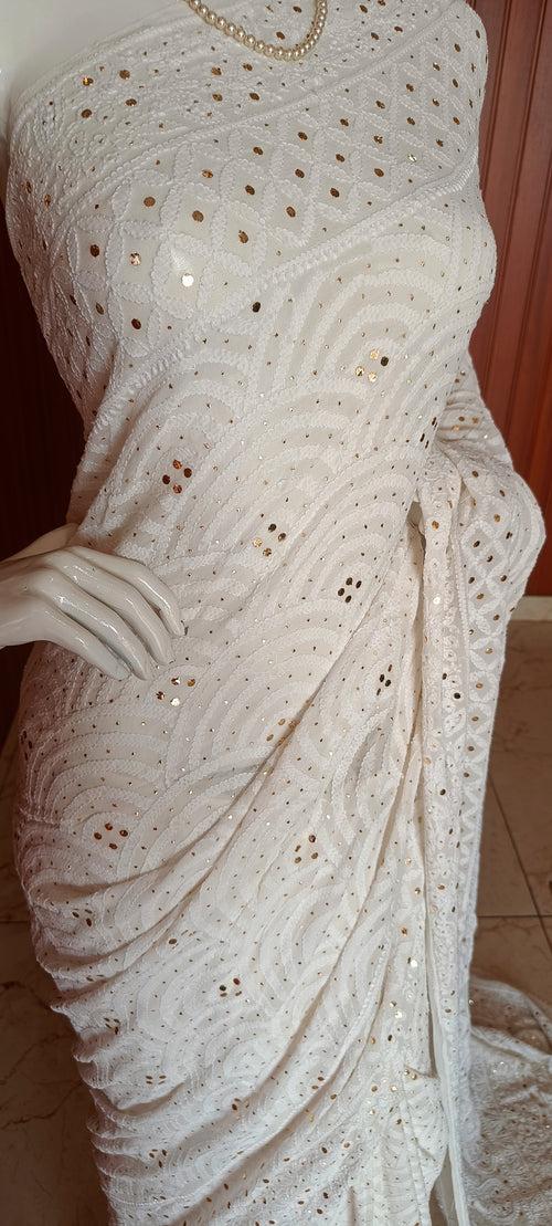 Ivory Ruhani Allover Chikankari and Mukaish Saree