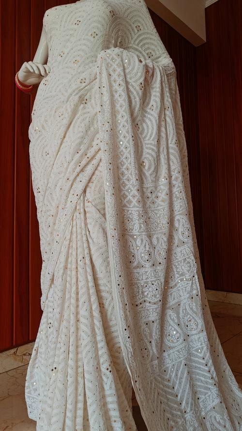 Ivory Ruhani Allover Chikankari and Mukaish Saree