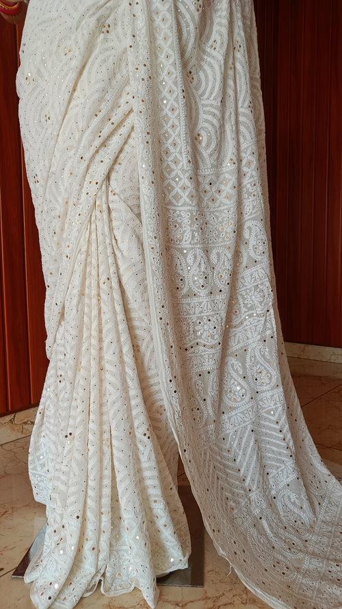 Ivory Ruhani Allover Chikankari and Mukaish Saree